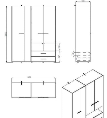 Limone Grey Oak Four-Door Wardrobe with Integrated Mirror and Two Drawers - UK Luxury Furniture